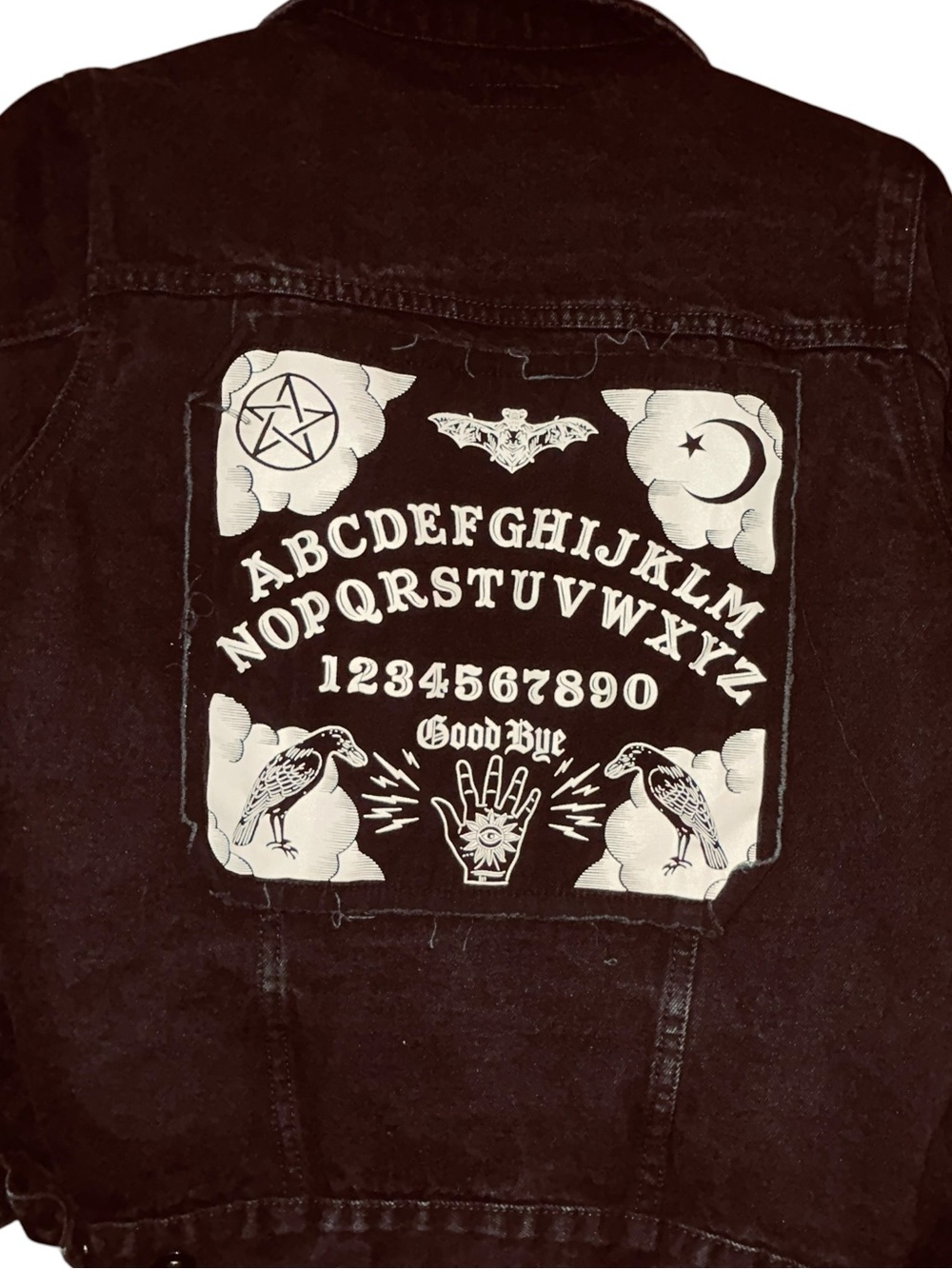 Hot Topic Black Denim Jacket Ouija Board Bad Vibes Pentagram Goth Unisex Medium